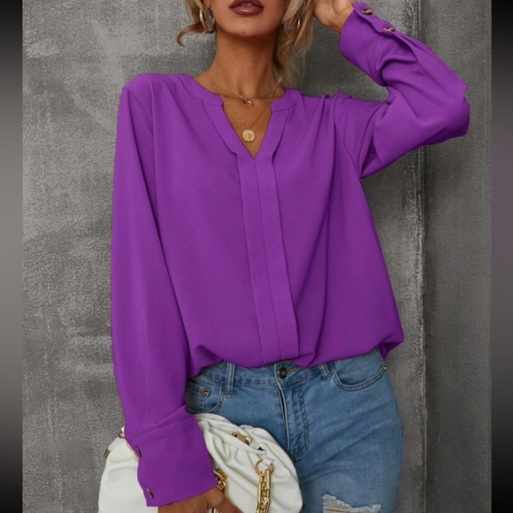 New purple notched neck long sleeve blouse - Picture 2 of 6